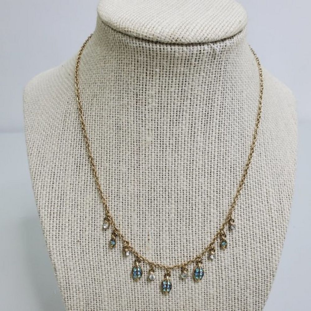 Blue Rhinestone Necklace Gold‎ Tone Chain Dainty Le